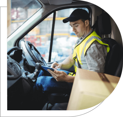 logistic driver checking GPS location on mobile tablet